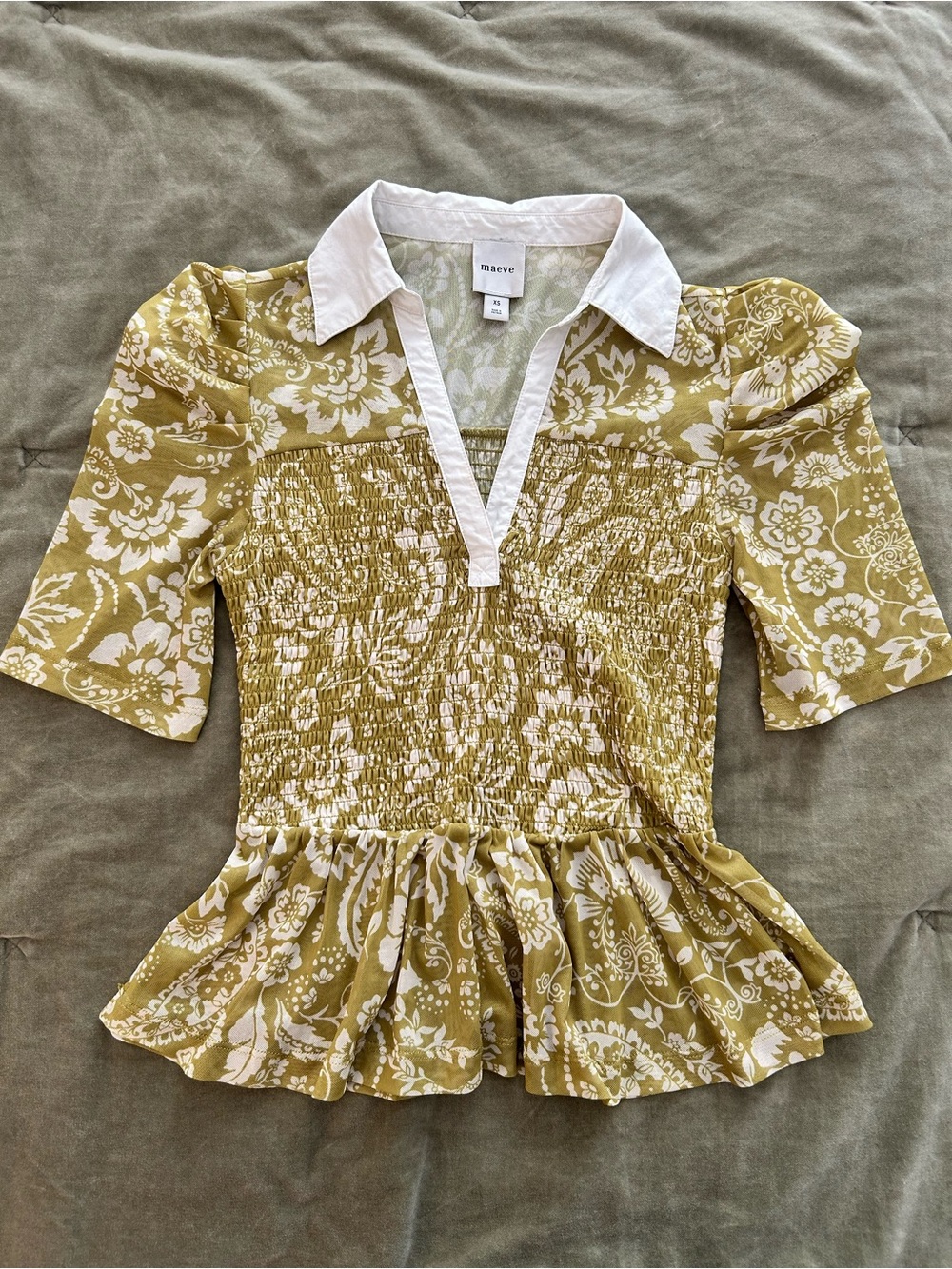 Maeve Green Floral Smocked Peplum Top with White Collar